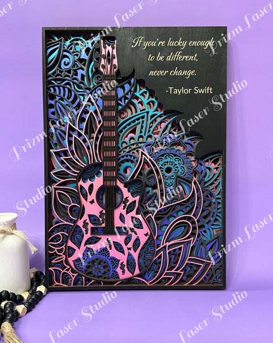 Taylor Swift “Be Different” Laser-Cut Guitar Wall Art | Inspirational Music Decor | Layered 3D Wood Sign