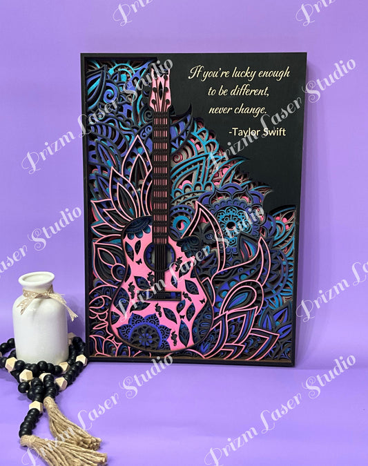 Taylor Swift “Be Different” Laser-Cut Guitar Wall Art | Inspirational Music Decor | Layered 3D Wood Sign